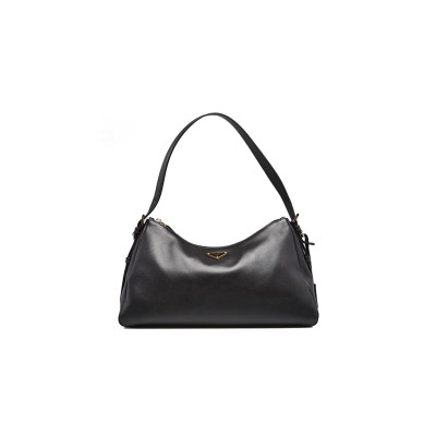 PRADA BLACK SOFT GRAIN CALFSKIN LEATHER LARGE AIMEE SHOULDER BAG 1BC228 (39*23*12cm)